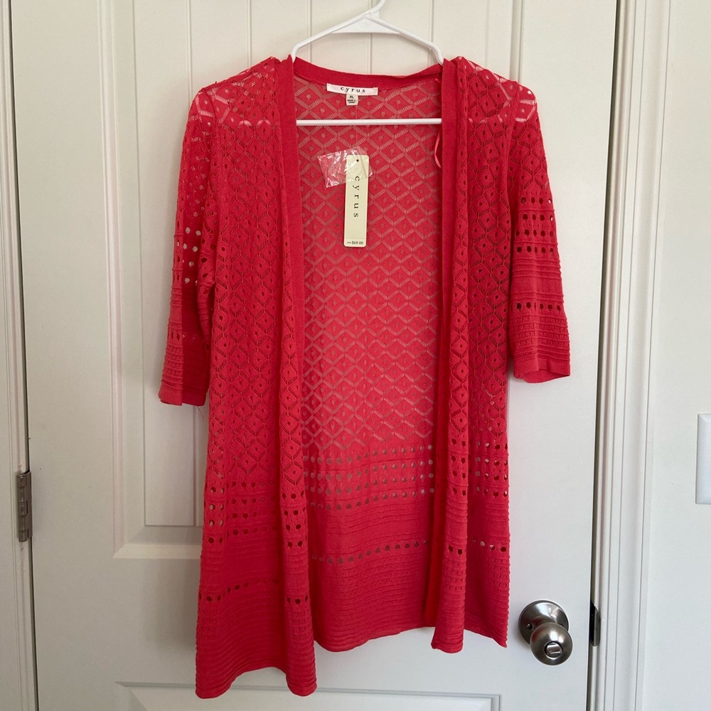 Cyrus Open-Front Crochet Cardigan in Bright Red
